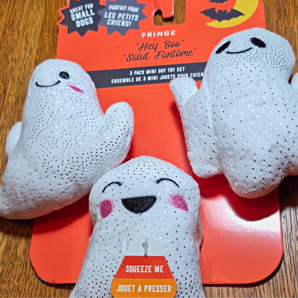 Fringe Hey Boo Mini Plush Squeaky Ghost Dog Toy Set 3 Pack Small Dogs crackley